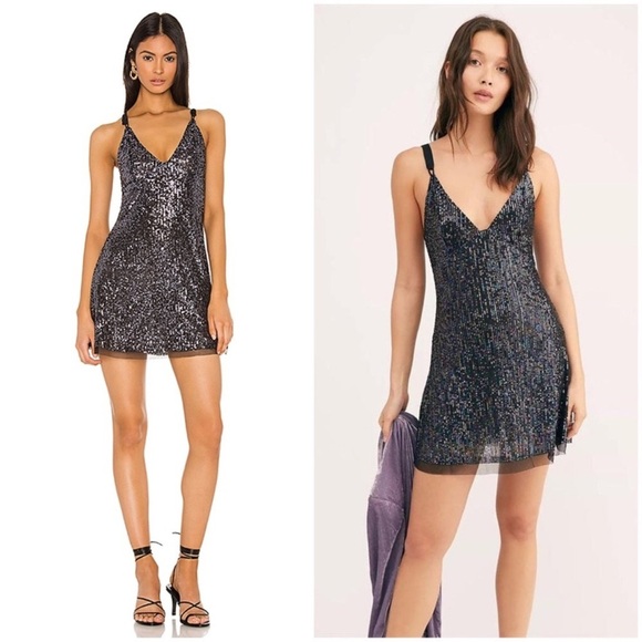 Free People Gold Rush Mini Dress Sequins Sparkle Night Black Dark Romantic Large - Picture 16 of 16